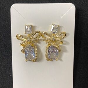 Golden Glass & Rhinestones Dangle Bow Earrings